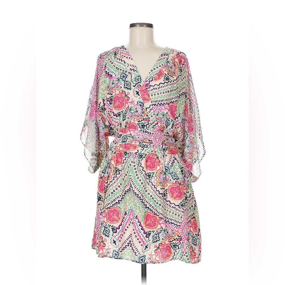 Maeve Floral Geo Print Mini Dress in Pink, Green & Blue - Picture 4 of 8